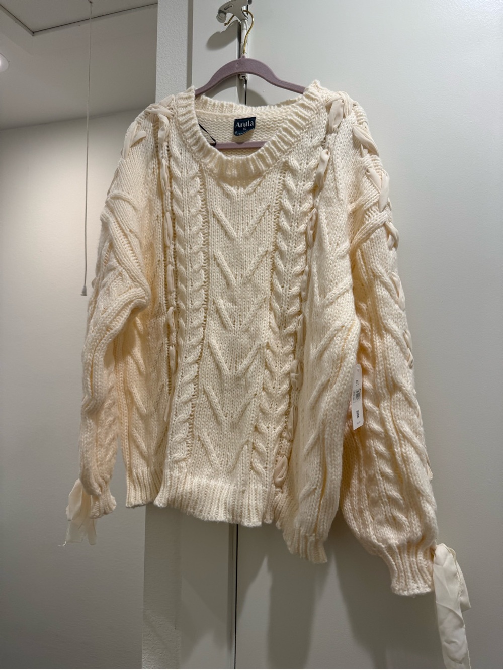ARULA Cream Cable Knit Ribbon-Sleeve Crew Sweater